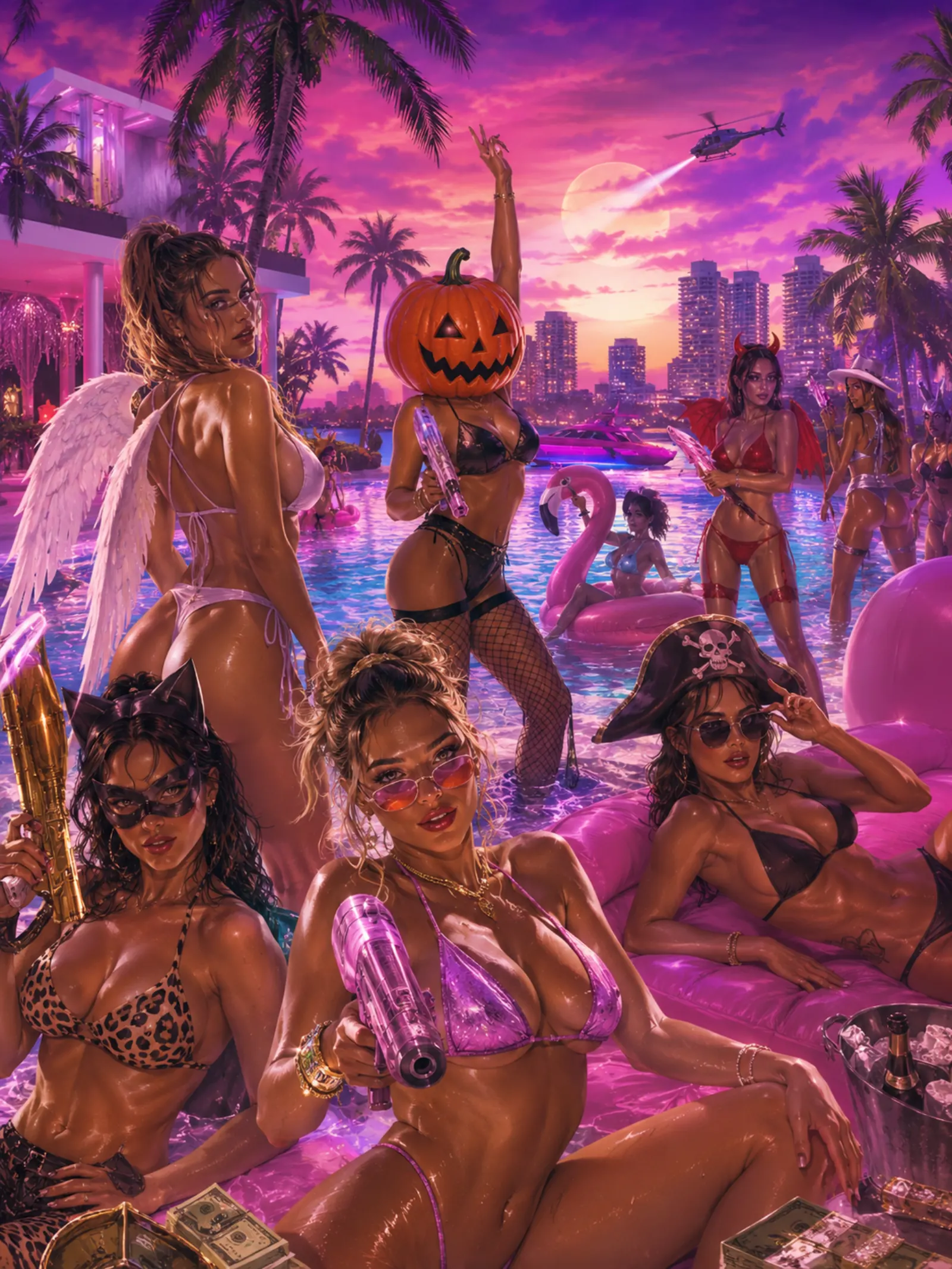 Vice City penthouse pool party at sunset with palm trees, skyline, and a helicopter overhead